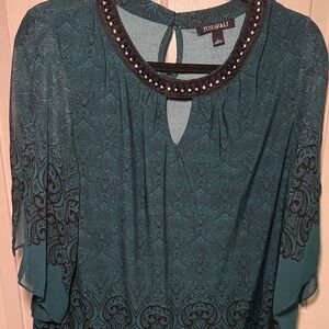 Roz & Ali Teal Blouse with Embellished Neckline